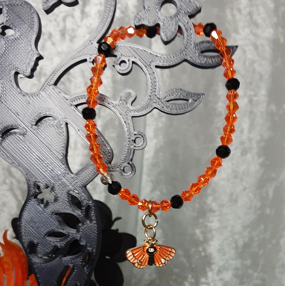 Handmade Stretch Bracelet With Orange Moth Charm